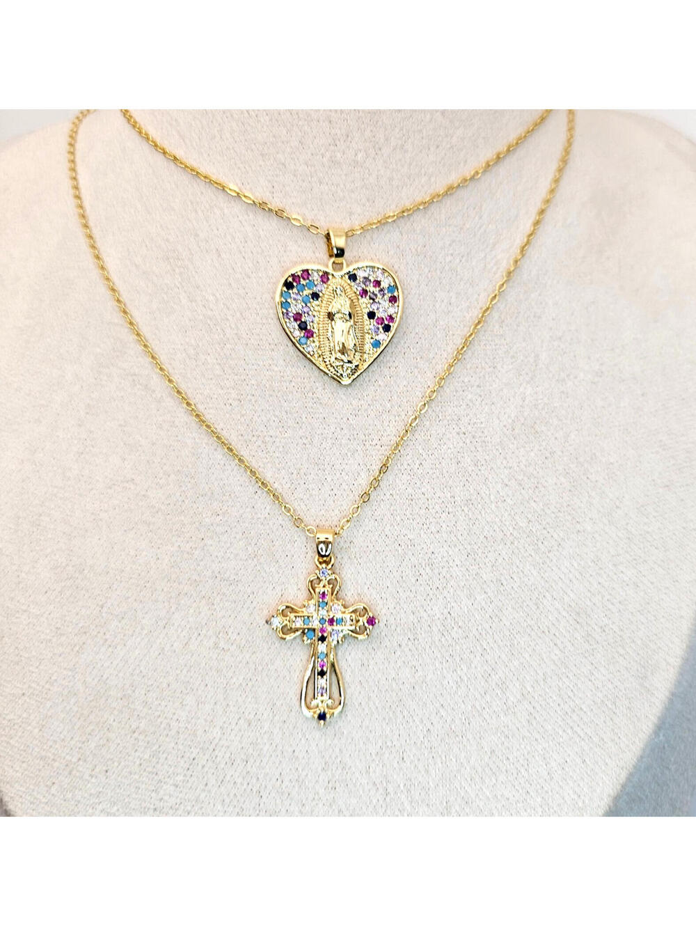 CZ Cross and Mary Catholic Pendant Necklaces Gold-plated lot of 2 - Picture 3 of 6